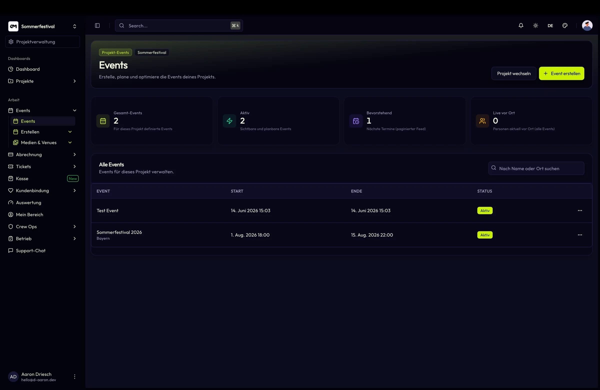 The TixFin event manager listing events with schedule and status