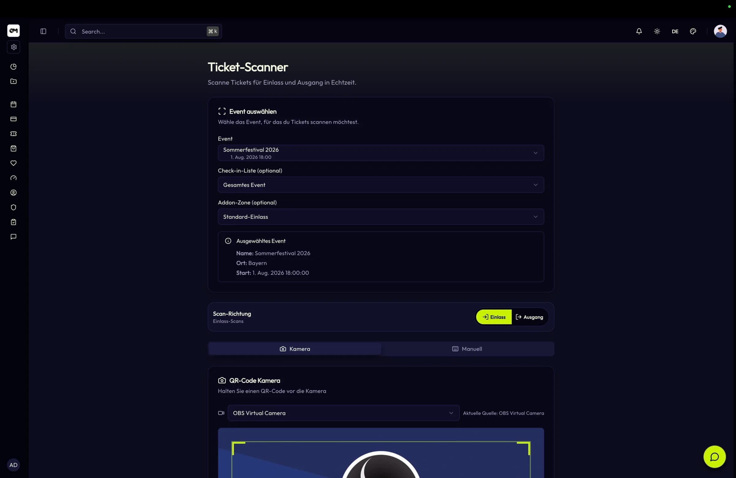 The TixFin web scanner checking a ticket in by QR code