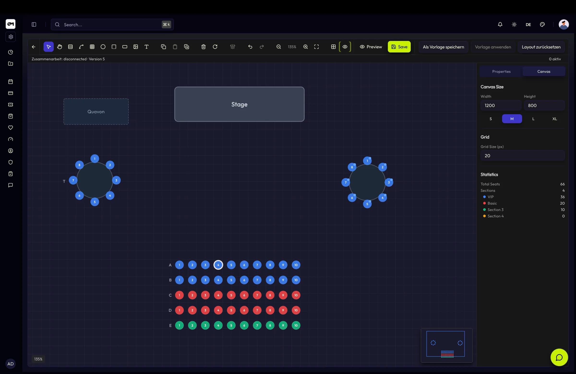 The TixFin 2D seatmap editor with sections and rows