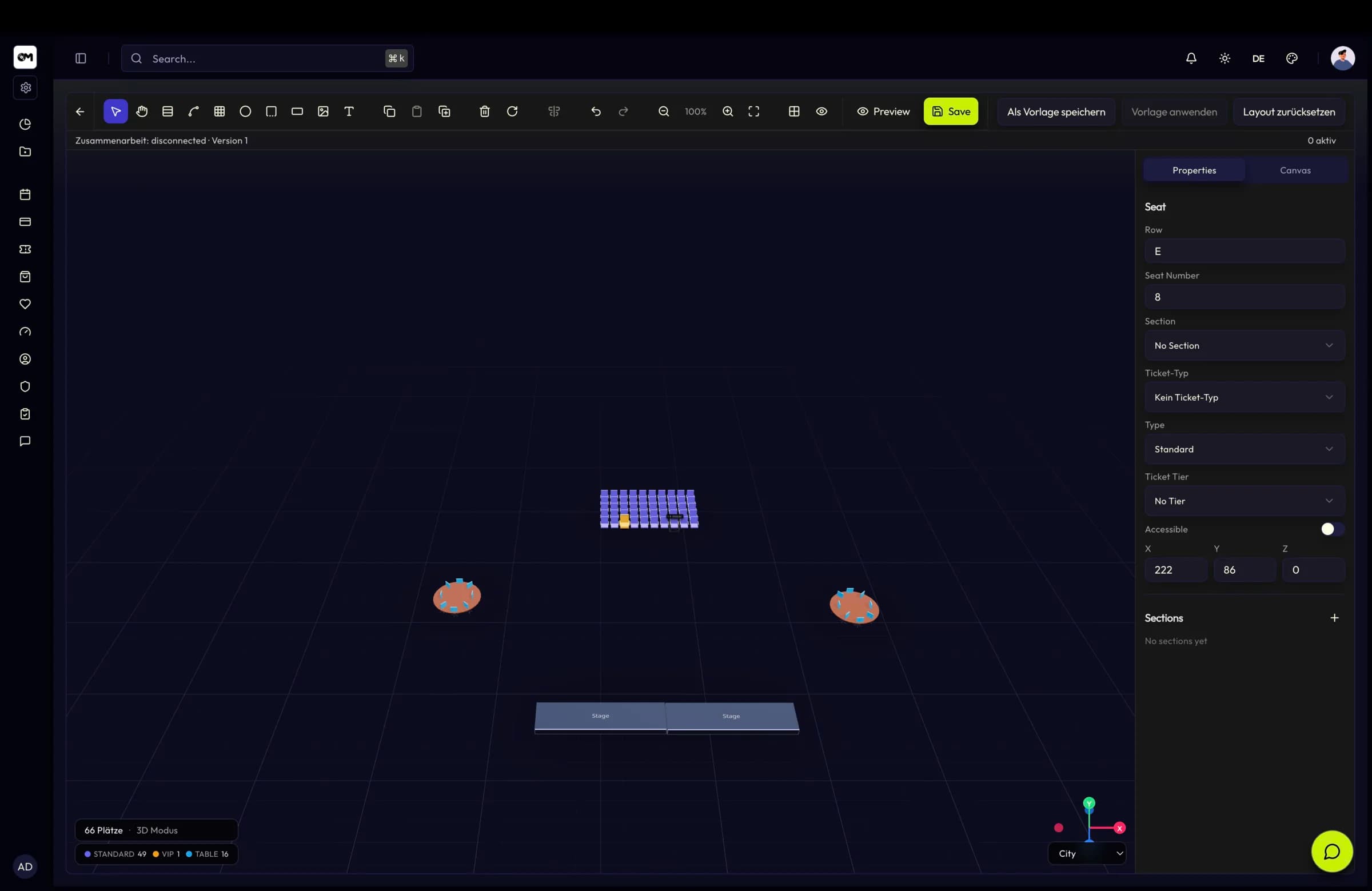 The TixFin 3D seatmap editor showing a venue model with placed seats